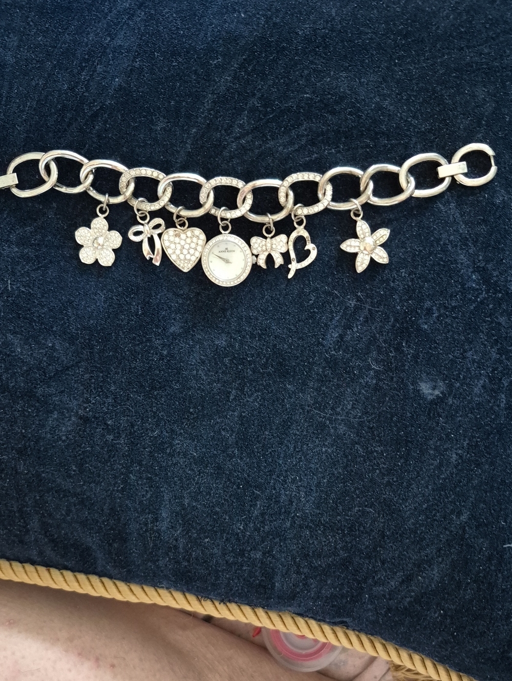 Anne Klein Silver-toned Watch Charm Link Bracelet with Sparkling Crystal Accent.